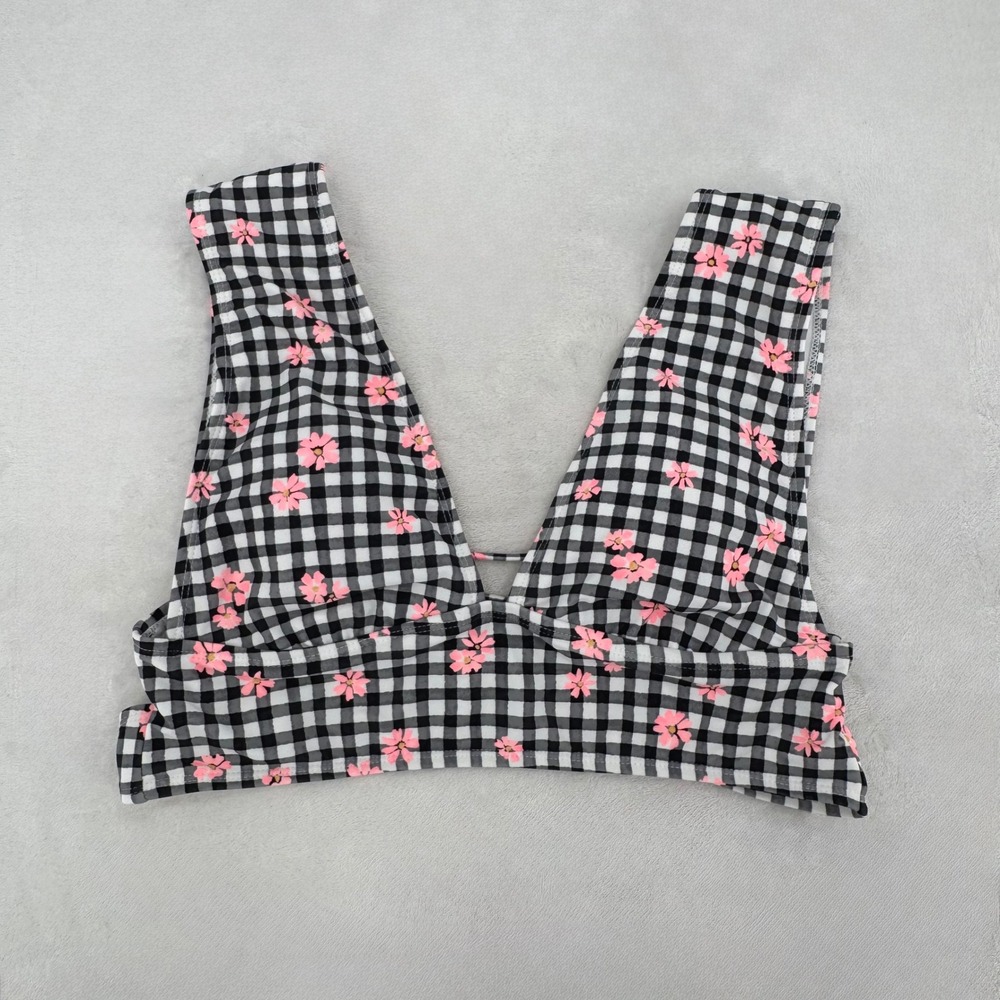 New Decree Bikini Top Womens Large Gingham Floral Black & White Adjustable VNeck